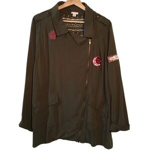 Xhilaration Army Green Moto Zip Fashion Jacket Back Lace Yoke Boho Patches L